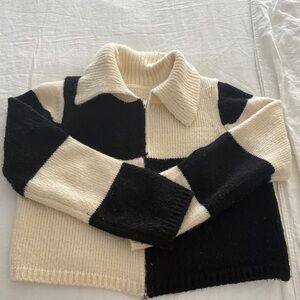 Black and Cream Checkered Knit Sweater